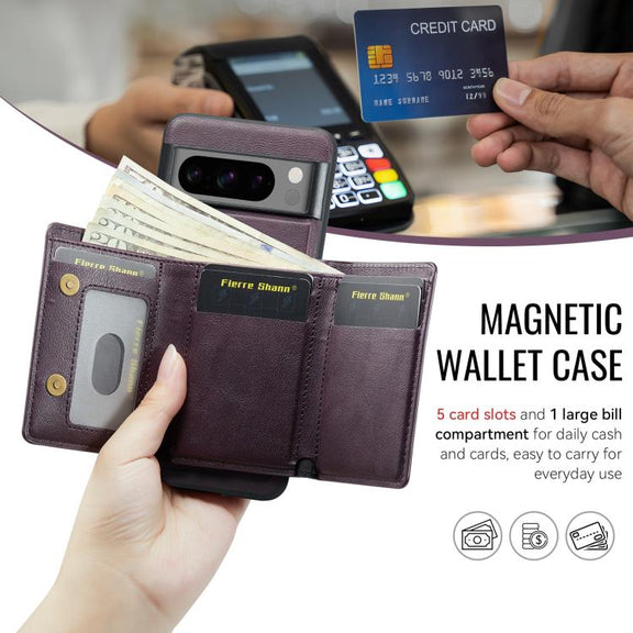 For Google Pixel 7 Pro Fierre Shann 2 in 1 Holder RFID Card Slot Wallet MagSafe Phone Case(Purple)