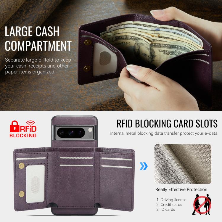 For Google Pixel 7 Pro Fierre Shann 2 in 1 Holder RFID Card Slot Wallet MagSafe Phone Case(Purple)