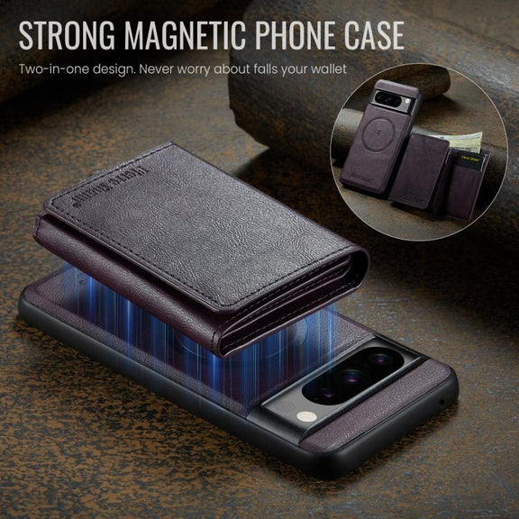 For Google Pixel 7 Pro Fierre Shann 2 in 1 Holder RFID Card Slot Wallet MagSafe Phone Case(Purple)