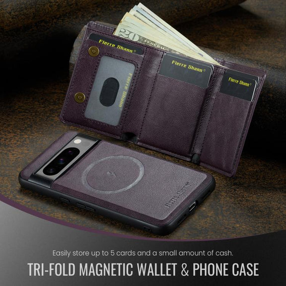 For Google Pixel 7 Pro Fierre Shann 2 in 1 Holder RFID Card Slot Wallet MagSafe Phone Case(Purple)