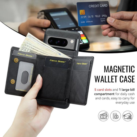 For Google Pixel 7 Pro Fierre Shann 2 in 1 Holder RFID Card Slot Wallet MagSafe Phone Case(Black)