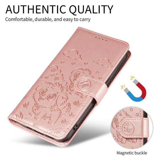 For Motorola Edge 50 Fusion 5G Embossed Heart Dog RFID Blocking Wallet Leather Phone Case(Rose Gold)