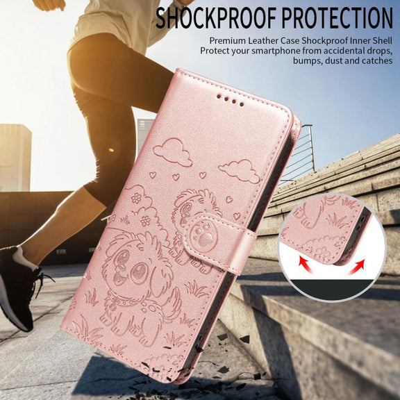 For Motorola Edge 50 Fusion 5G Embossed Heart Dog RFID Blocking Wallet Leather Phone Case(Rose Gold)