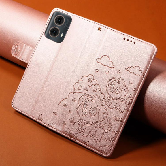 For Motorola Edge 50 Fusion 5G Embossed Heart Dog RFID Blocking Wallet Leather Phone Case(Rose Gold)