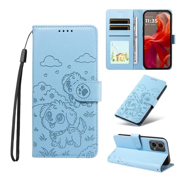 For Motorola Edge 50 Fusion 5G Embossed Heart Dog RFID Blocking Wallet Leather Phone Case(Sky Blue)