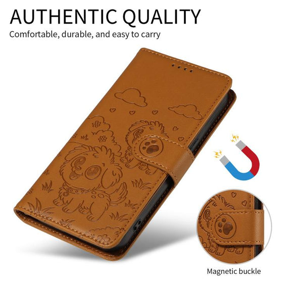 For Motorola Edge 50 Fusion 5G Embossed Heart Dog RFID Blocking Wallet Leather Phone Case(Brown)