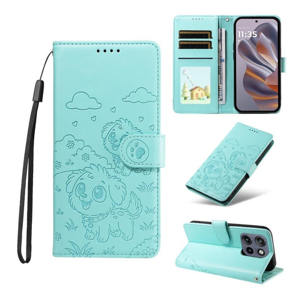For Motorola Edge 50 Neo 5G Embossed Heart Dog RFID Blocking Wallet Leather Phone Case(Green)