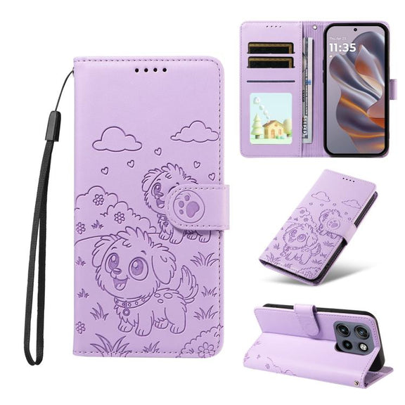 For Motorola Edge 50 Neo 5G Embossed Heart Dog RFID Blocking Wallet Leather Phone Case(Purple)