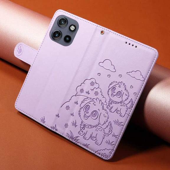 For Motorola Edge 50 Neo 5G Embossed Heart Dog RFID Blocking Wallet Leather Phone Case(Purple)