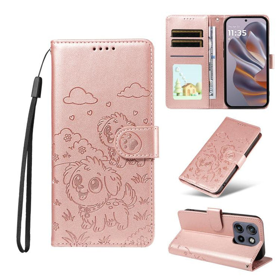 For Motorola Edge 50 Neo 5G Embossed Heart Dog RFID Blocking Wallet Leather Phone Case(Rose Gold)
