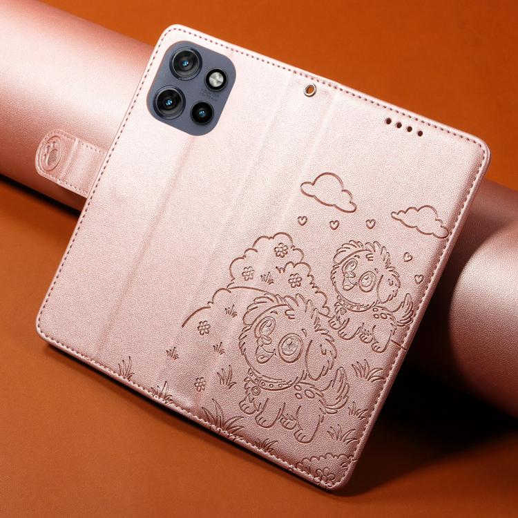 For Motorola Edge 50 Neo 5G Embossed Heart Dog RFID Blocking Wallet Leather Phone Case(Rose Gold)