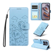 For Motorola Edge 50 Neo 5G Embossed Heart Dog RFID Blocking Wallet Leather Phone Case(Sky Blue)