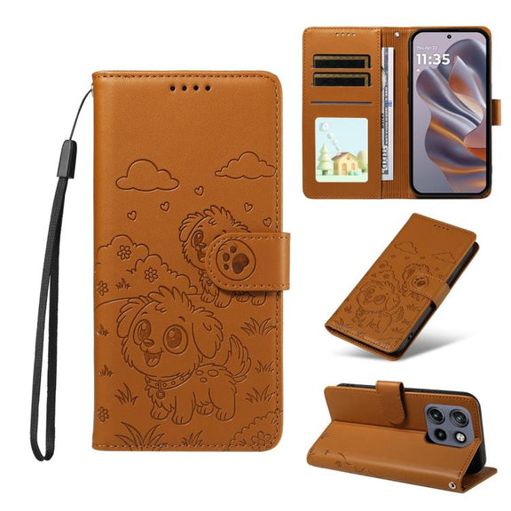 For Motorola Edge 50 Neo 5G Embossed Heart Dog RFID Blocking Wallet Leather Phone Case(Brown)