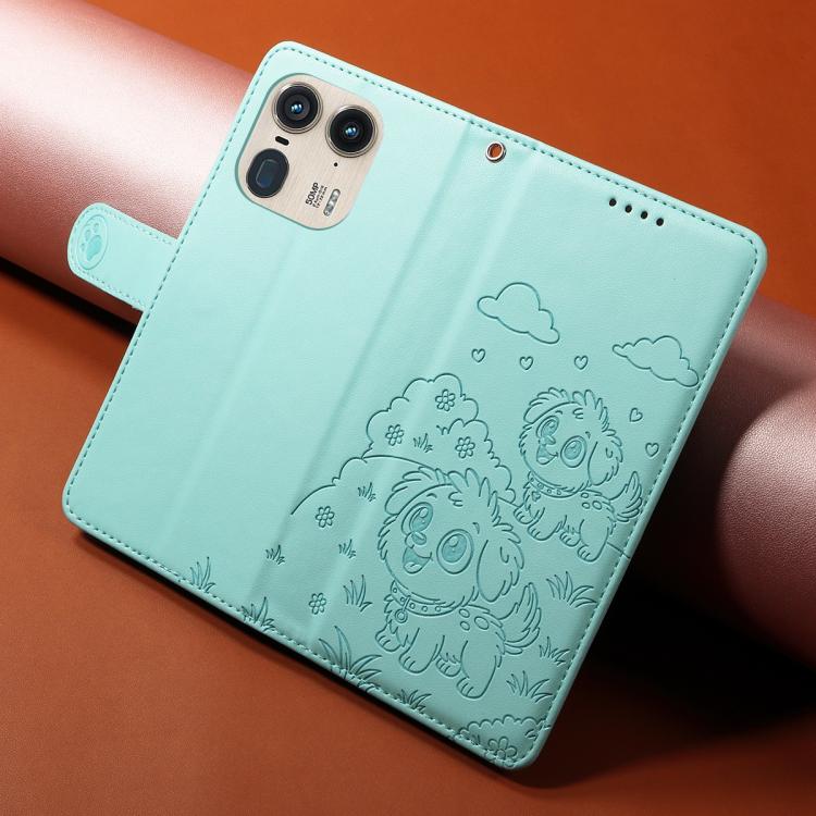 For Motorola Edge 50 Ultra 5G Embossed Heart Dog RFID Blocking Wallet Leather Phone Case(Green)