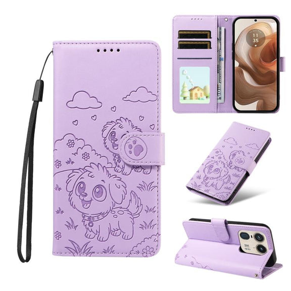 For Motorola Edge 50 Ultra 5G Embossed Heart Dog RFID Blocking Wallet Leather Phone Case(Purple)