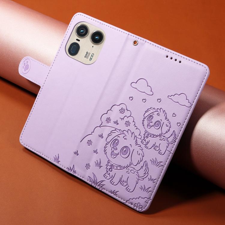 For Motorola Edge 50 Ultra 5G Embossed Heart Dog RFID Blocking Wallet Leather Phone Case(Purple)