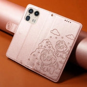 For Motorola Edge 50 Ultra 5G Embossed Heart Dog RFID Blocking Wallet Leather Phone Case(Rose Gold)