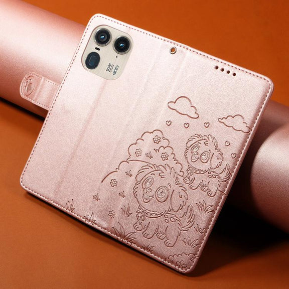 For Motorola Edge 50 Ultra 5G Embossed Heart Dog RFID Blocking Wallet Leather Phone Case(Rose Gold)