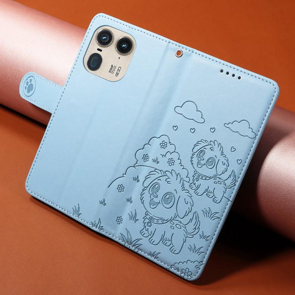 For Motorola Edge 50 Ultra 5G Embossed Heart Dog RFID Blocking Wallet Leather Phone Case(Sky Blue)