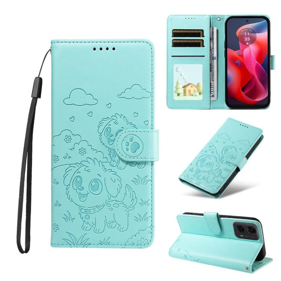 For Motorola Moto G04 / G24 / E14 Embossed Heart Dog RFID Blocking Wallet Leather Phone Case(Green)