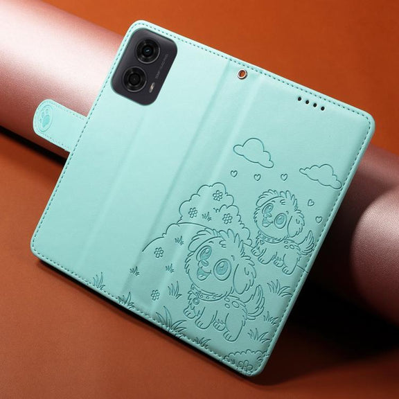For Motorola Moto G04 / G24 / E14 Embossed Heart Dog RFID Blocking Wallet Leather Phone Case(Green)