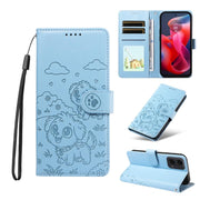 For Motorola Moto G04 / G24 / E14 Embossed Heart Dog RFID Blocking Wallet Leather Phone Case(Sky Blue)