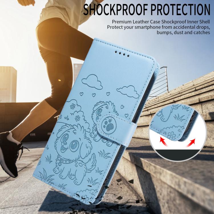 For Motorola Moto G04 / G24 / E14 Embossed Heart Dog RFID Blocking Wallet Leather Phone Case(Sky Blue)