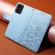 For Motorola Moto G04 / G24 / E14 Embossed Heart Dog RFID Blocking Wallet Leather Phone Case(Sky Blue)