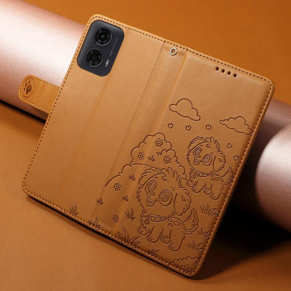 For Motorola Moto G04 / G24 / E14 Embossed Heart Dog RFID Blocking Wallet Leather Phone Case(Brown)