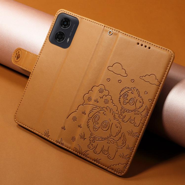 For Motorola Moto G04 / G24 / E14 Embossed Heart Dog RFID Blocking Wallet Leather Phone Case(Brown)