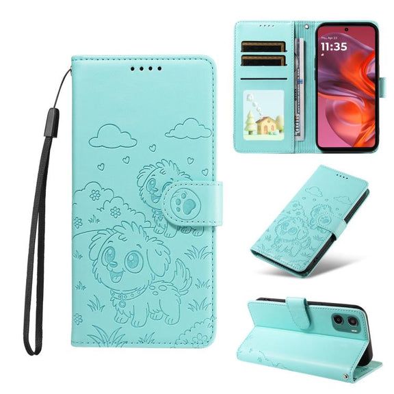 For Motorola Moto G05 / E15 Embossed Heart Dog RFID Blocking Wallet Leather Phone Case(Green)