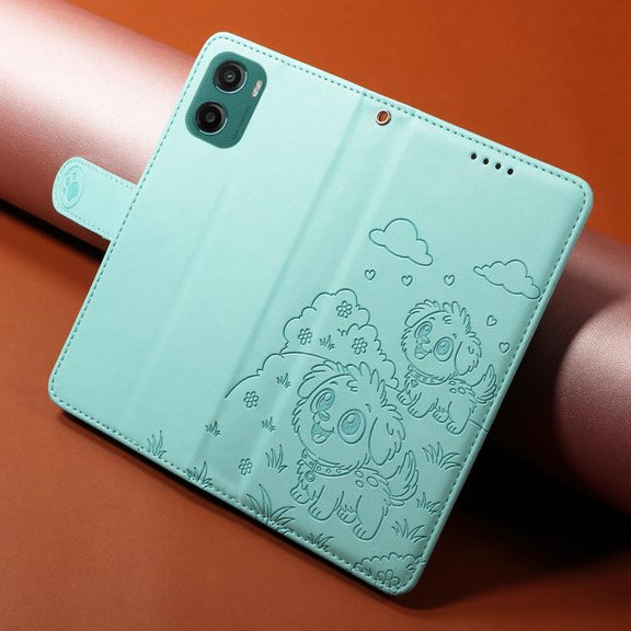 For Motorola Moto G05 / E15 Embossed Heart Dog RFID Blocking Wallet Leather Phone Case(Green)