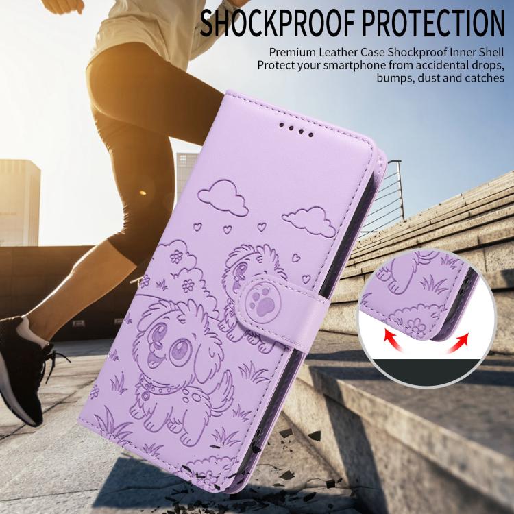 For Motorola Moto G05 / E15 Embossed Heart Dog RFID Blocking Wallet Leather Phone Case(Purple) - free shipping - PMC TechLife - Order now!