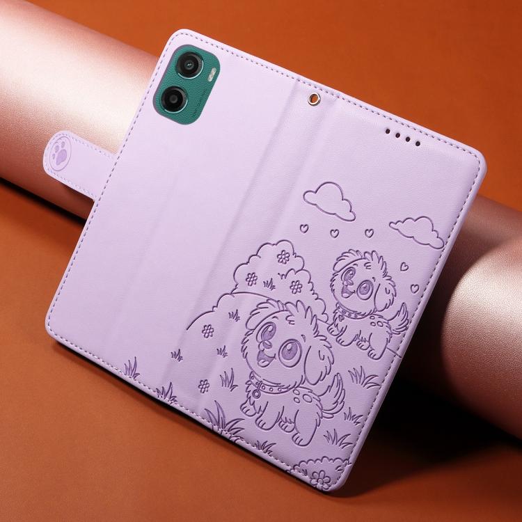 For Motorola Moto G05 / E15 Embossed Heart Dog RFID Blocking Wallet Leather Phone Case(Purple)