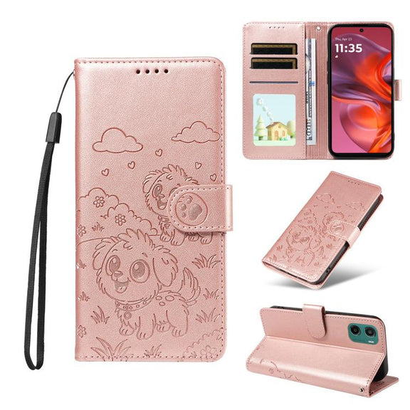 For Motorola Moto G05 / E15 Embossed Heart Dog RFID Blocking Wallet Leather Phone Case(Rose Gold)