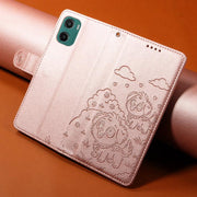 For Motorola Moto G05 / E15 Embossed Heart Dog RFID Blocking Wallet Leather Phone Case(Rose Gold)