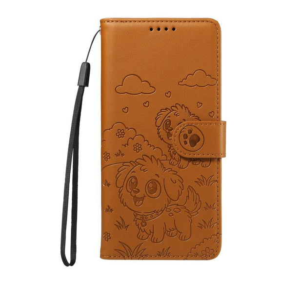For Motorola Moto G05 / E15 Embossed Heart Dog RFID Blocking Wallet Leather Phone Case(Brown)