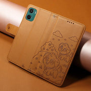 For Motorola Moto G05 / E15 Embossed Heart Dog RFID Blocking Wallet Leather Phone Case(Brown)