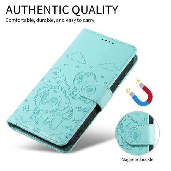 For Motorola Moto G15 / G15 Power Embossed Heart Dog RFID Blocking Wallet Leather Phone Case(Green)