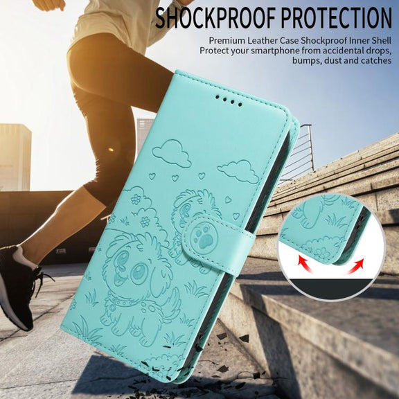 For Motorola Moto G15 / G15 Power Embossed Heart Dog RFID Blocking Wallet Leather Phone Case(Green)