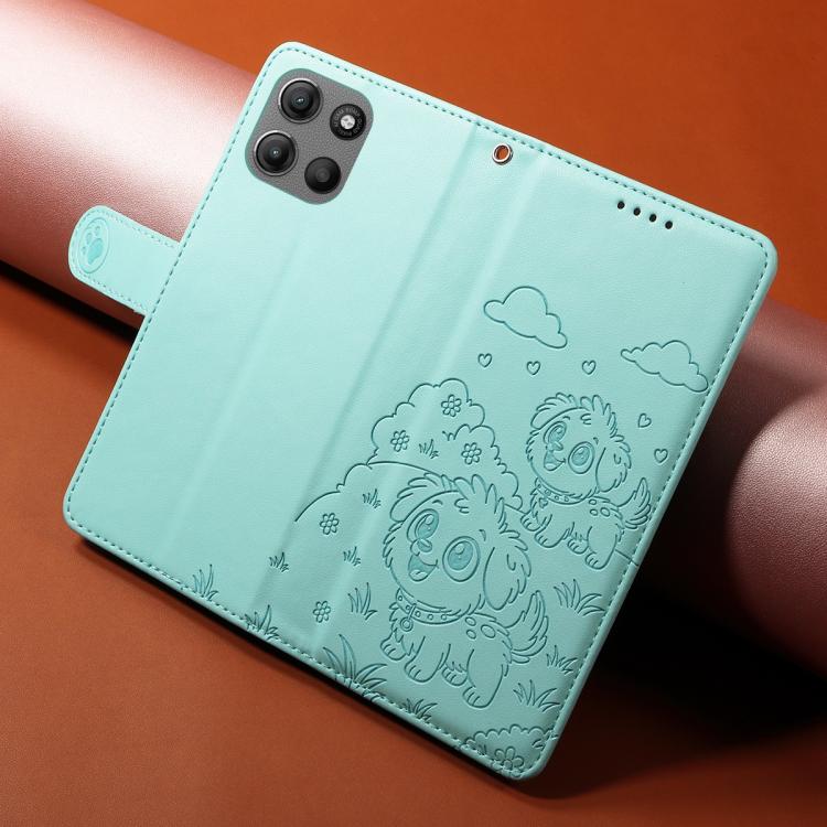 For Motorola Moto G15 / G15 Power Embossed Heart Dog RFID Blocking Wallet Leather Phone Case(Green)