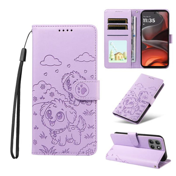 For Motorola Moto G15 / G15 Power Embossed Heart Dog RFID Blocking Wallet Leather Phone Case(Purple)