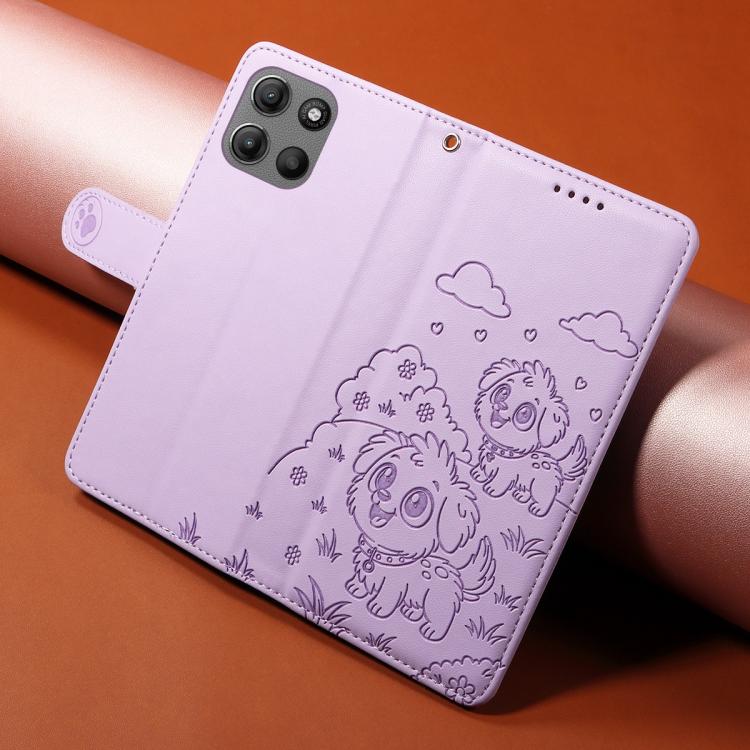 For Motorola Moto G15 / G15 Power Embossed Heart Dog RFID Blocking Wallet Leather Phone Case(Purple)