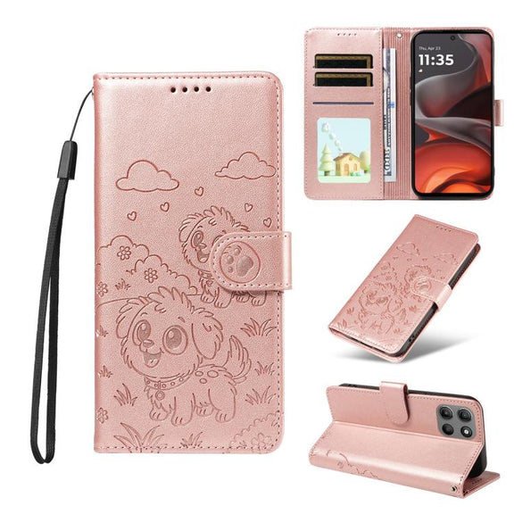 For Motorola Moto G15 / G15 Power Embossed Heart Dog RFID Blocking Wallet Leather Phone Case(Rose Gold)