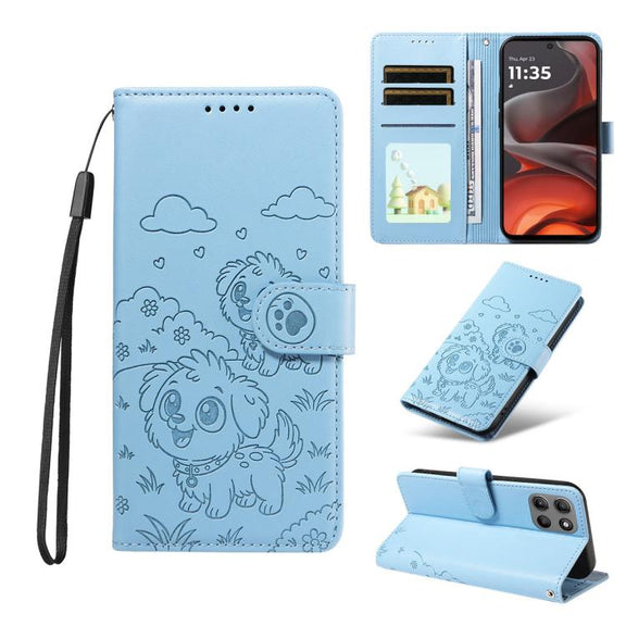 For Motorola Moto G15 / G15 Power Embossed Heart Dog RFID Blocking Wallet Leather Phone Case(Sky Blue)