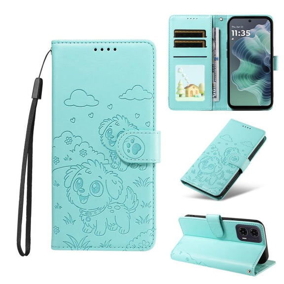 For Motorola Moto G35 5G Embossed Heart Dog RFID Blocking Wallet Leather Phone Case(Green)