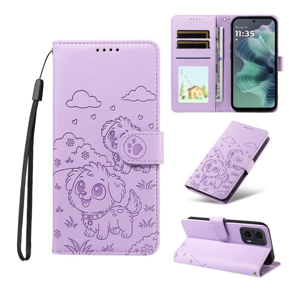 For Motorola Moto G35 5G Embossed Heart Dog RFID Blocking Wallet Leather Phone Case(Purple)