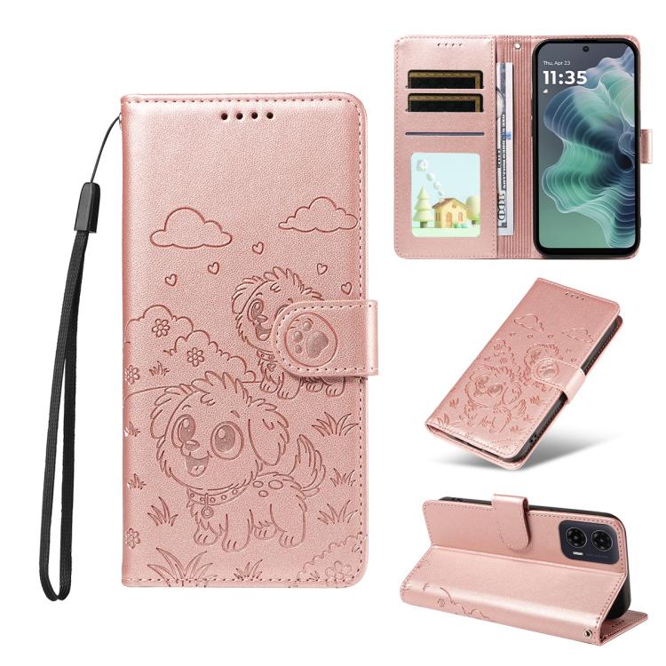 For Motorola Moto G35 5G Embossed Heart Dog RFID Blocking Wallet Leather Phone Case(Rose Gold) - free shipping - PMC TechLife - Order now!
