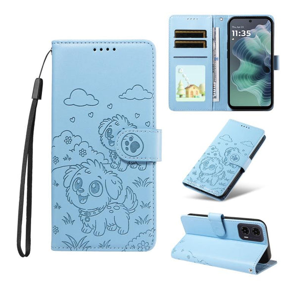 For Motorola Moto G35 5G Embossed Heart Dog RFID Blocking Wallet Leather Phone Case(Sky Blue)