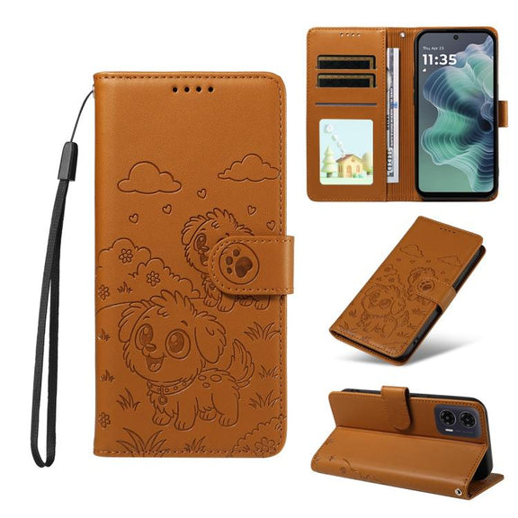 For Motorola Moto G35 5G Embossed Heart Dog RFID Blocking Wallet Leather Phone Case(Brown)